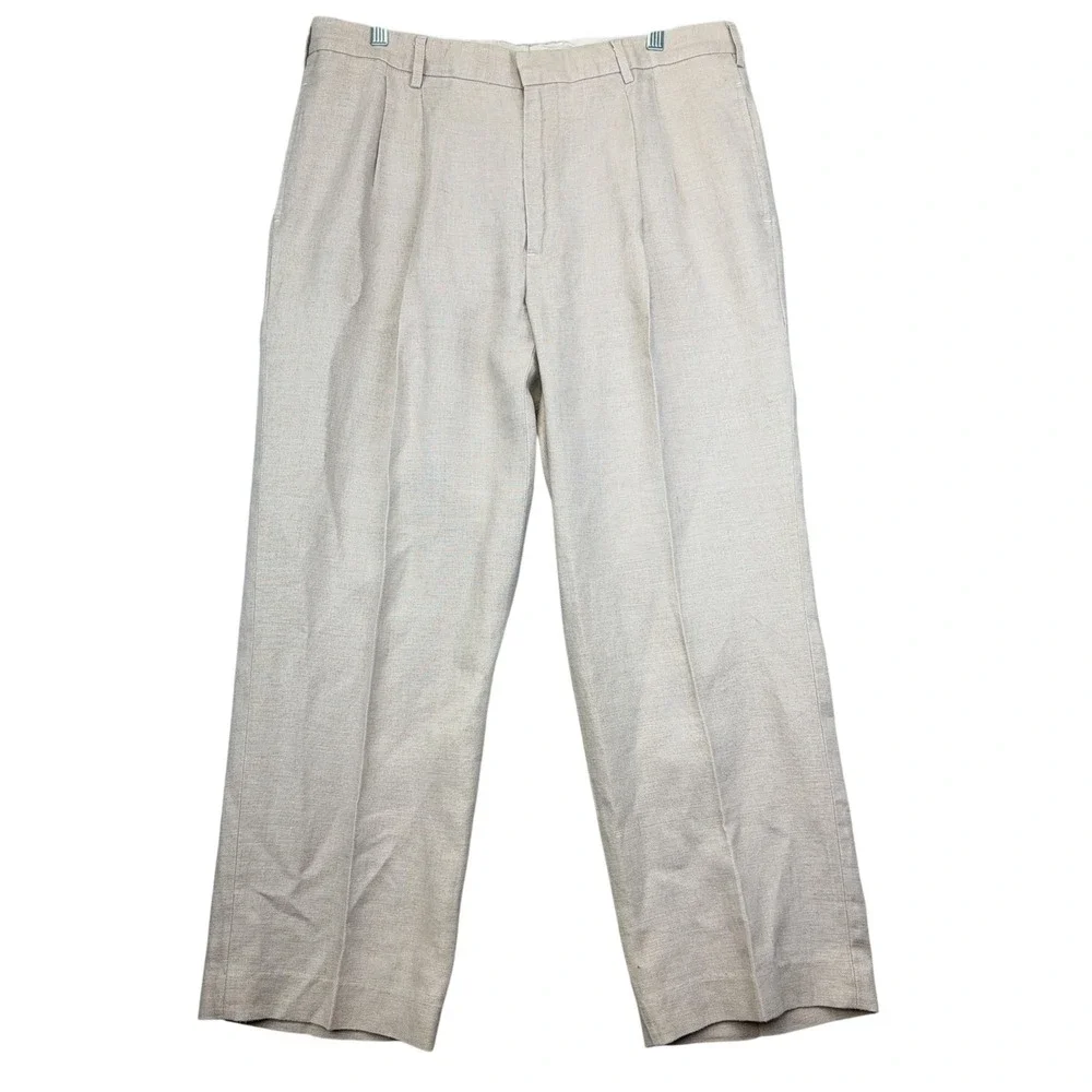 Orvis Pants Mens 36x28 Beige 100% Linen Pleated Dress Trousers Classic Fit